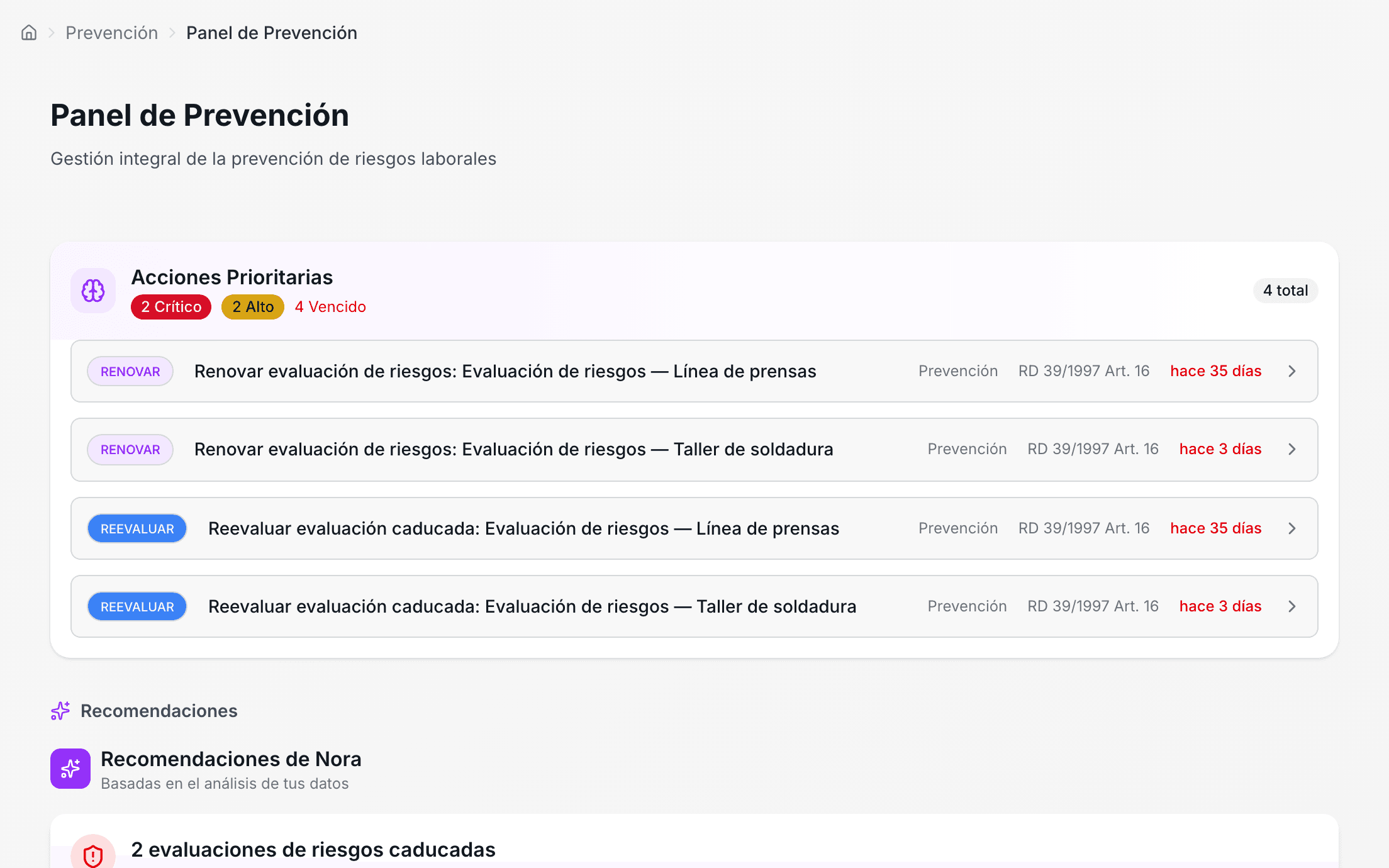 las evaluaciones de una planta metalúrgica, con su estado y su nivel de riesgo