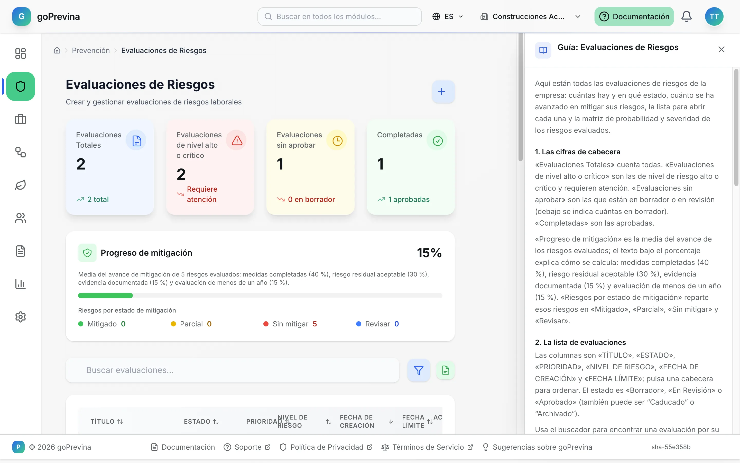 Panel de ayuda abierto junto a la lista de evaluaciones de riesgos