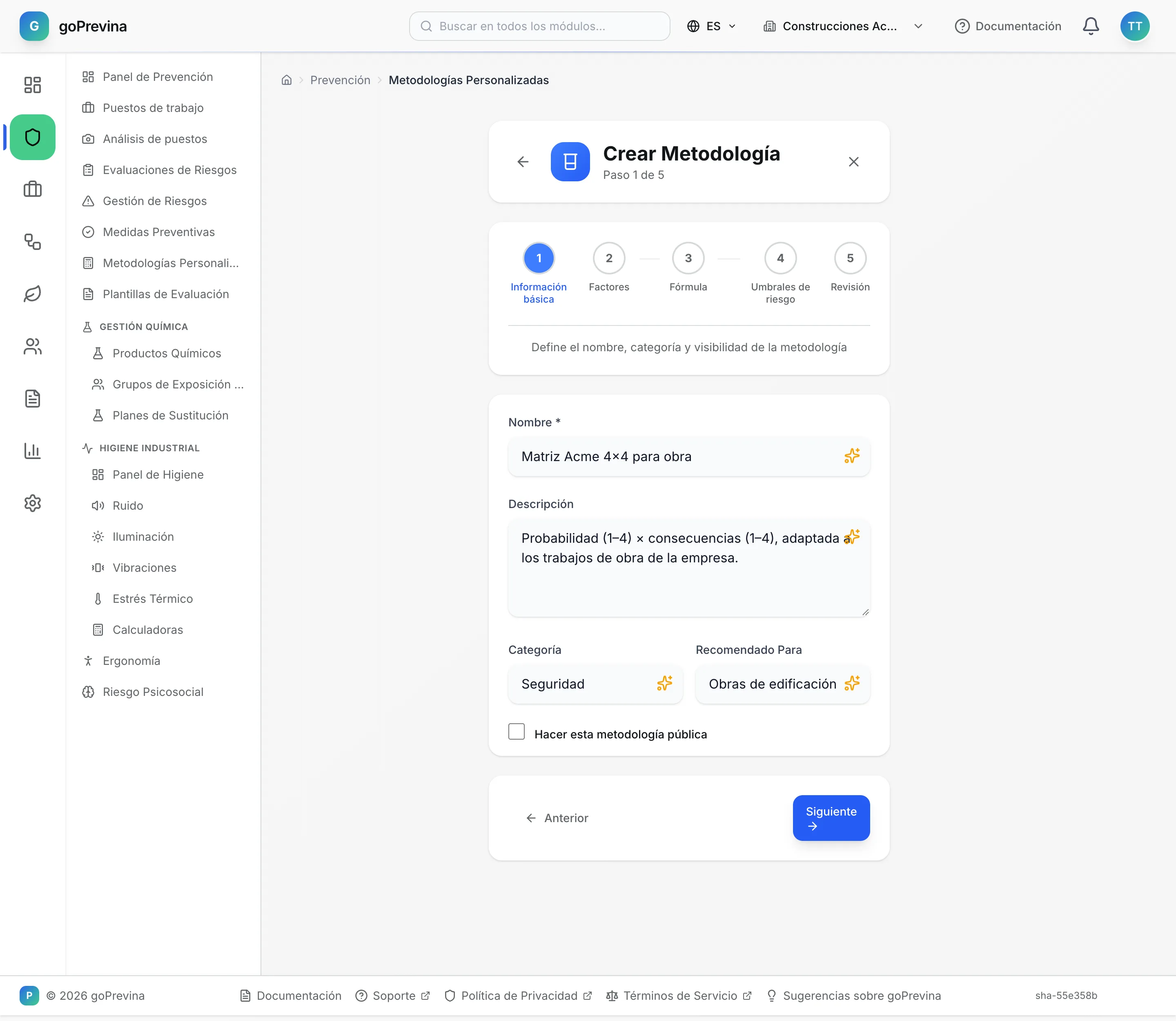 Primer paso del formulario de metodología personalizada con Matriz Acme 4×4 para obra