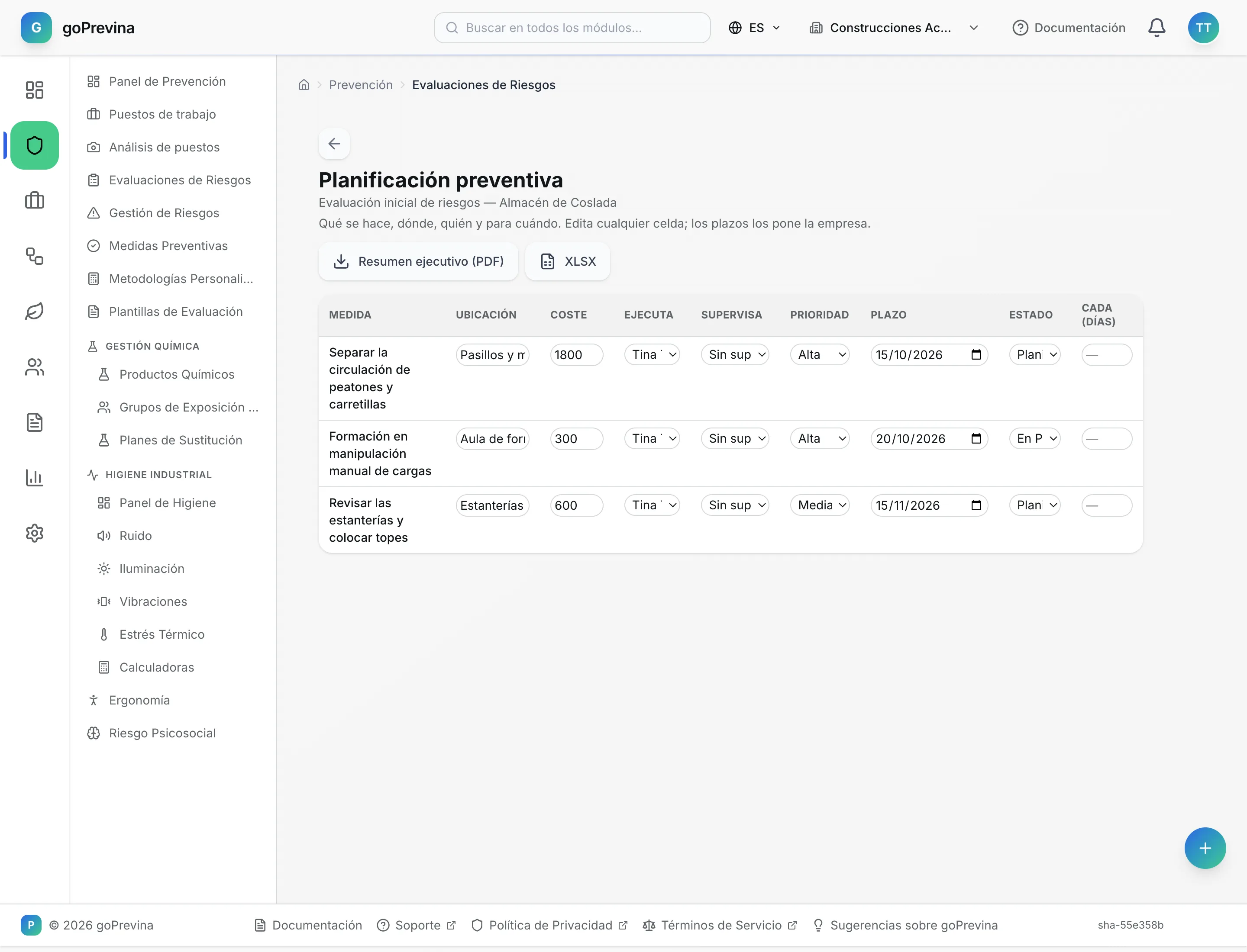 Planificación preventiva del almacén con tres medidas