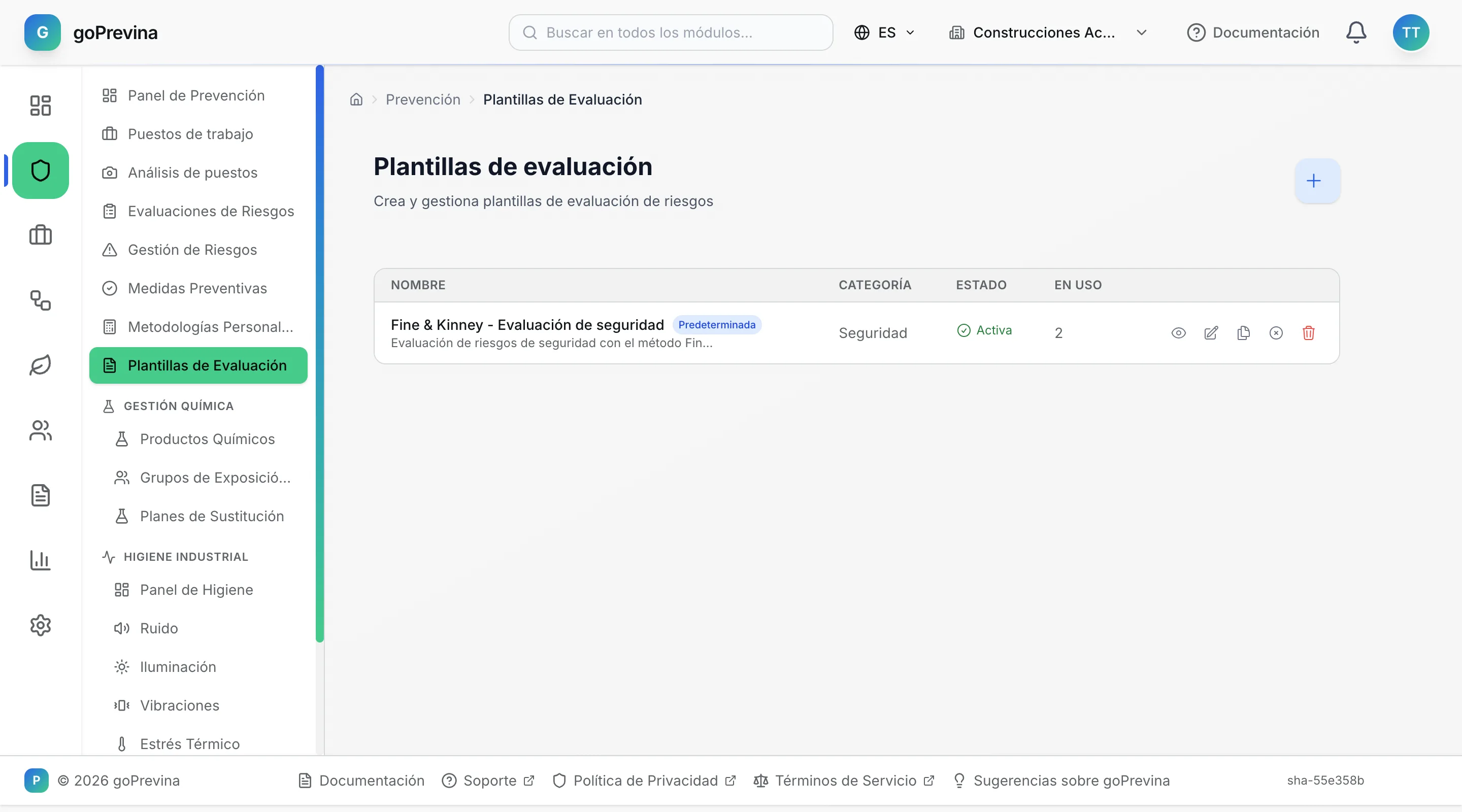 Lista de plantillas de evaluación con la plantilla Fine & Kinney